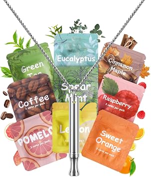 ASTOFLI Anxiety Breathing Necklace With Resistance9 Flavoured Breathlace Tube Breathing Necklace with Resistance Filter Calm Breathlace Stop Stress Necklaces Anxiety Relief Breathe Pendant Sliver