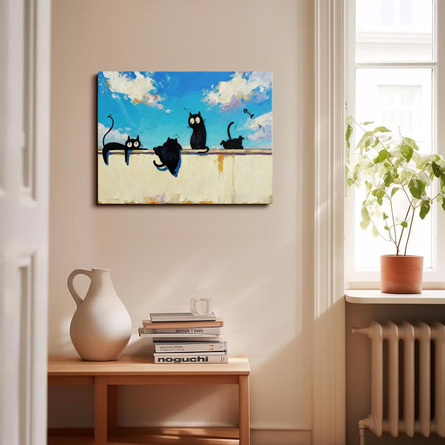 TimAsh Framed Cat Wall Art Print, Four Black Cats on a Wall, Whimsical Animal Painting, Colorful Sky Background Home Decor, Ready-to-Hang Kitty Art for Living Room & Bedroom 12" x 16"