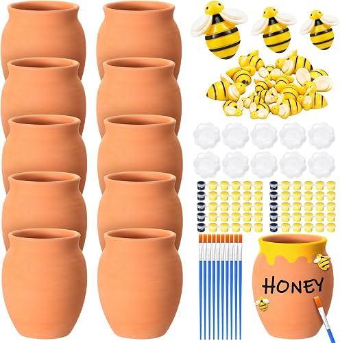 Blushtier 10 Sets Terracotta Clay Honey Pots Kits Bulk Bee Birthday Party Table Centerpieces Decorations DIY Honey Pot Jar Activity Bee Party Favors Gift for Guest (Cute)