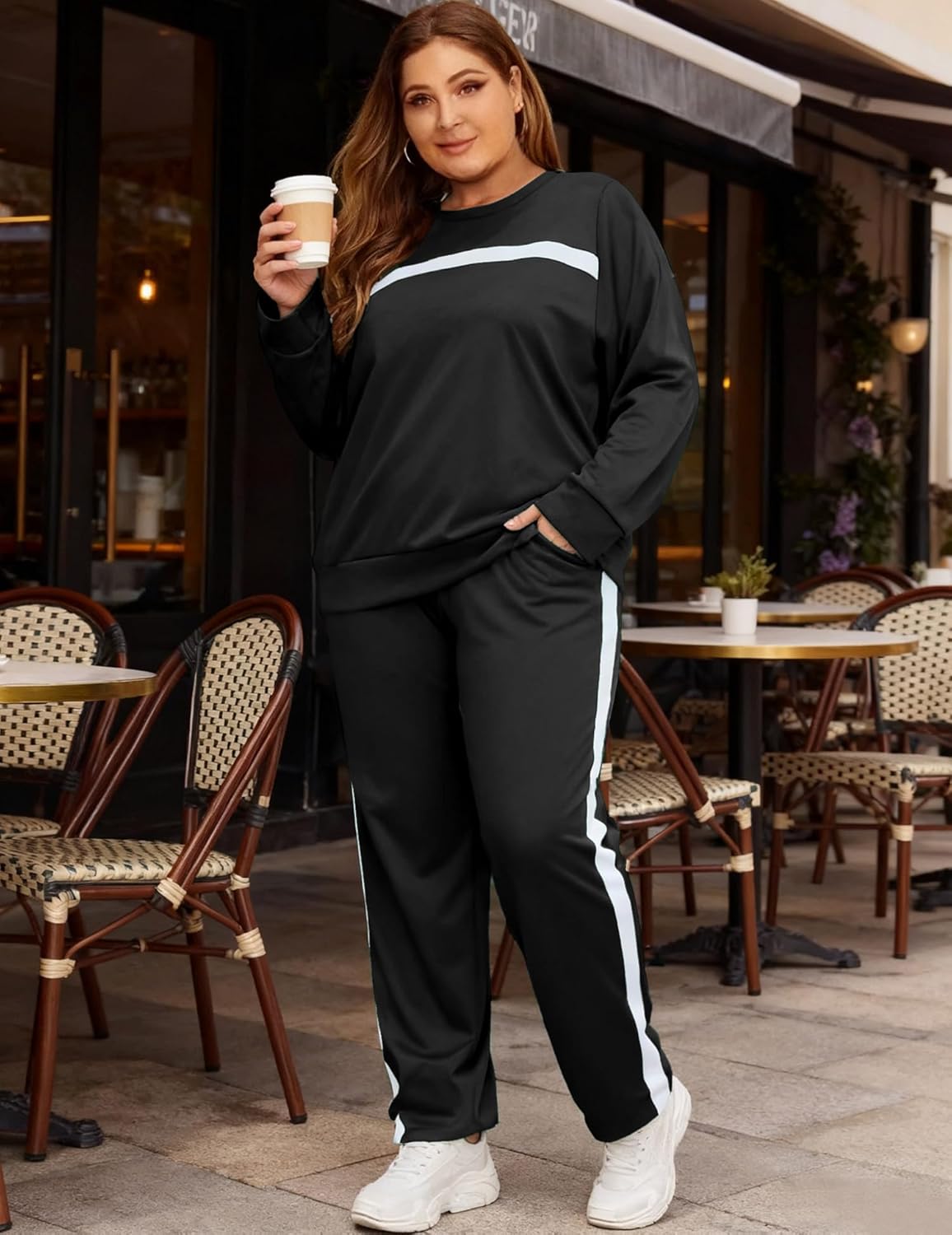 Bealin Women's Plus Size Two Piece Outfits For Women Striped Long Sleeves Sweatsuits Tracksuit Jogger Sets - Image 3