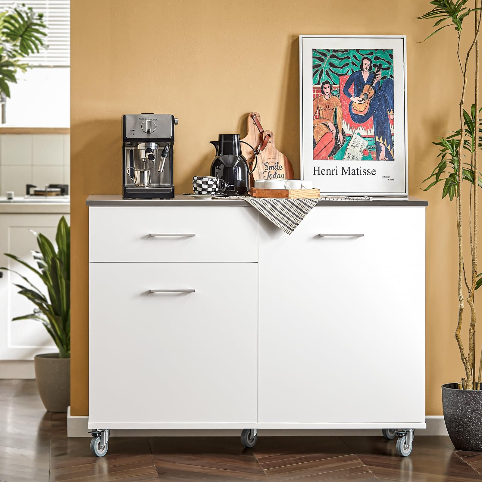 SoBuy Carrello Cucina con Ruote Isola Cucina con Piano di Lavoro in Acciaio Inox, 1 Cassetto e 2 Ripiani Regolabili, Mobile Salvaspazio per Mobili da Cucina Bianco120 x 56 x 90 cm FKW117-W