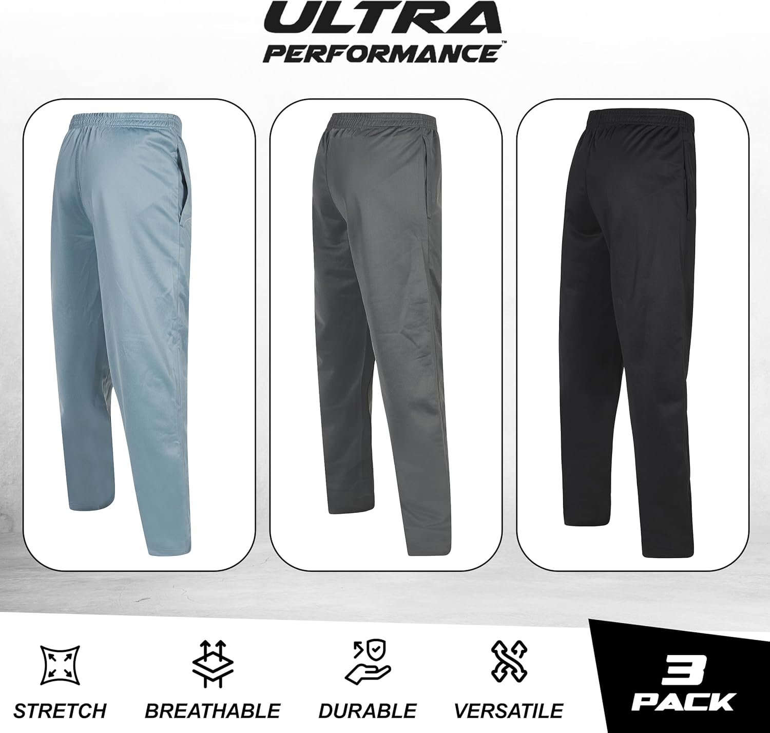 Ultra Performance 3 Pack Boys Sweatpants Athletic Tricot Open Bottom Active Track Pants Lightweight Sweat Pants for Boys - Image 5