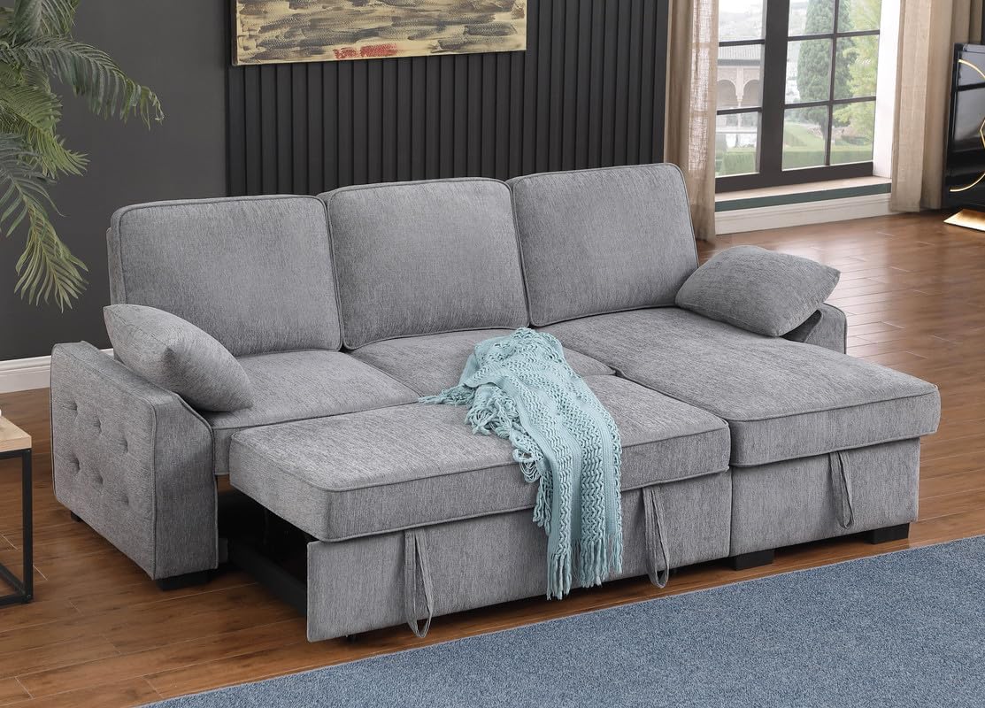 Lilola Home Mackenzie 91-inch Chenille Fabric Reversible Sleeper Sectional Sofa with Storage Chaise, Drop-Down Table, Cup Holders & USB/USB-C Charging Ports, Easy Assembly, Living Room — Light Gray