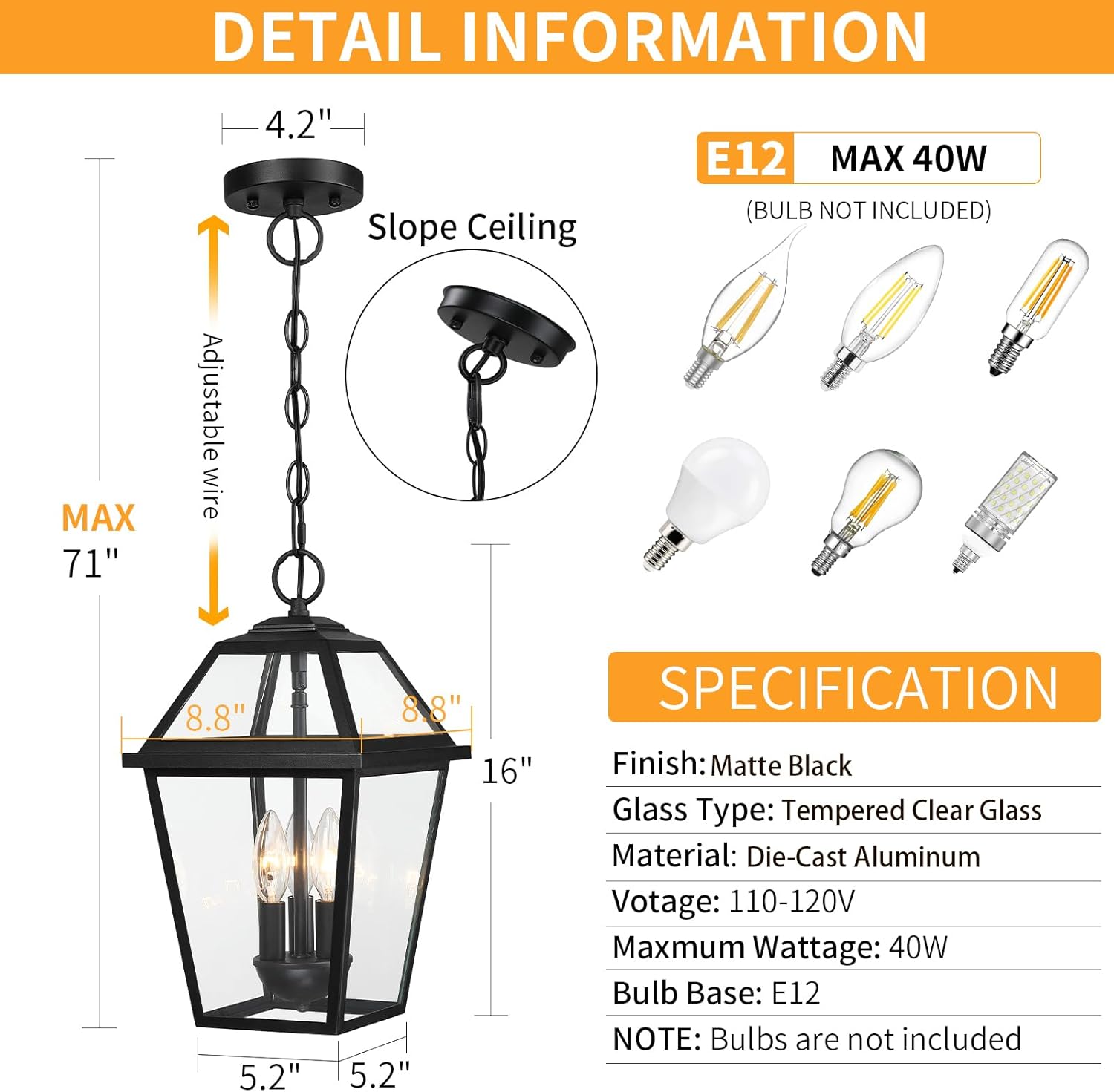 Modern 3-Light Large Outdoor Pendant Light for Porch, 16" Matte Black Exterior Hanging Light Fixture, IP65 Waterproof Anti-Rust Outdoor Lantern for Front Door, Balcony and Sloped Ceiling