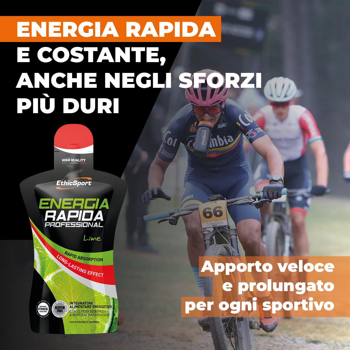 EthicSport Energia Rapida Professional – Integratore energetico liquido con carboidrati sequenziali e caffeina – Energia pronta e duratura per attività di resistenza – 15 pack da 50 ml - Gusto Lime