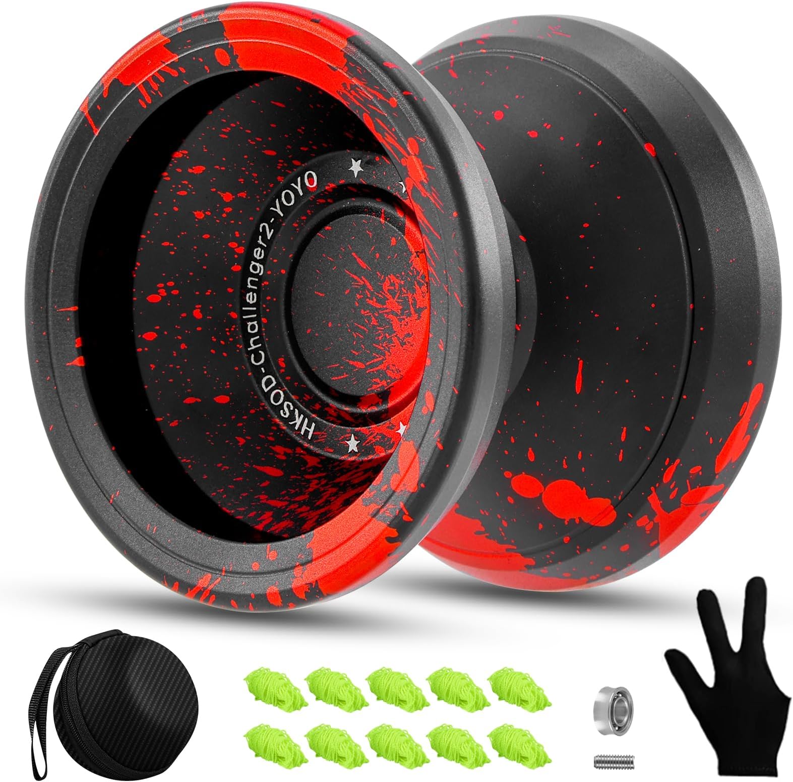 Hksod C2 Yoyo Professional Responsive Yo yo for Kids, Beginners and Adults, Dual Function yoyos, Metal Yoyo with Bag, Gloves, 10 Yo-Yo Strings and Responsive Bearings Kit - Black+Red