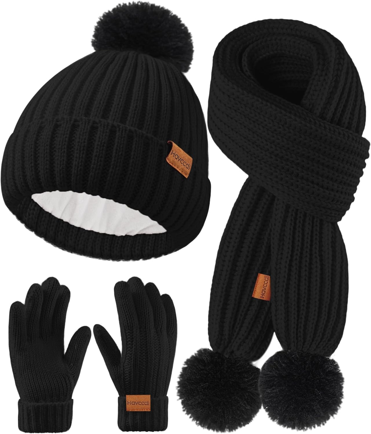 Kids Winter Hat Scarf Gloves Set - Girls Boys Fleece Lined Beanie Hat with Pom Knit Scarf Warm Mittens for Children
