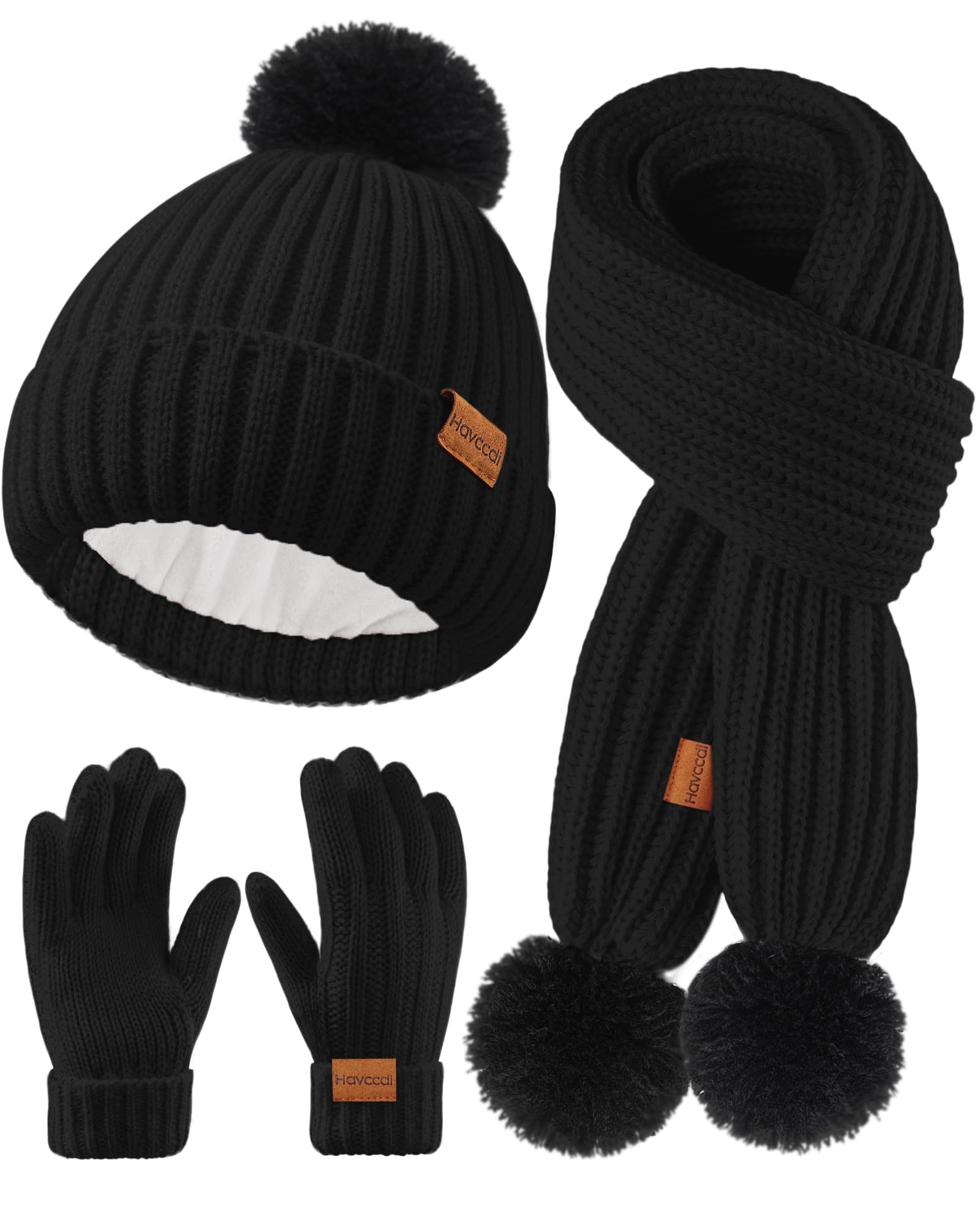 Kids Winter Hat Scarf Gloves Set - Girls Boys Fleece Lined Beanie Hat with Pom Knit Scarf Warm Mittens for Children