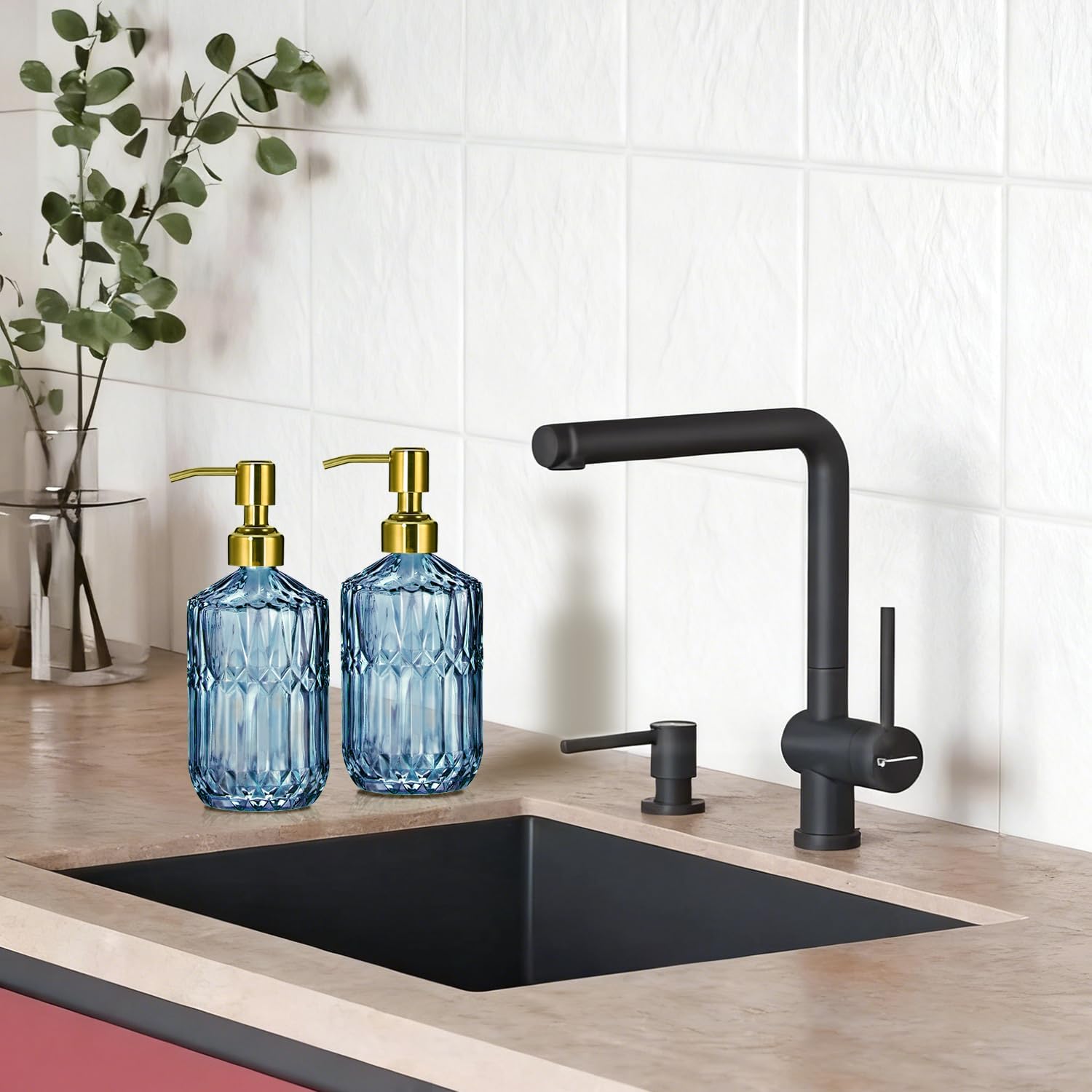 COHOSEGE 17 Oz Blue Glass Kitchen Soap Dispenser for Dish Soap, 2 Pack Bathroom Soap Dispenser Set with Gold Rust Proof Pump for Lotion, Hand soap or Body Wash image 3