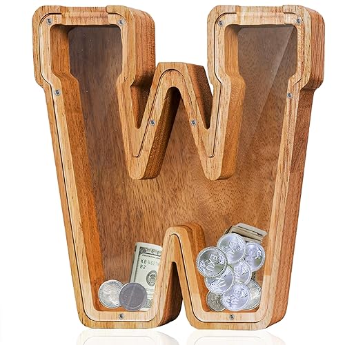Vista 16 de Customized Name Large Wooden Piggy Bank for Boys Girls Alphabets Letter A-Z Coins Bills Money Change Bank Box Initial on Clear Cover