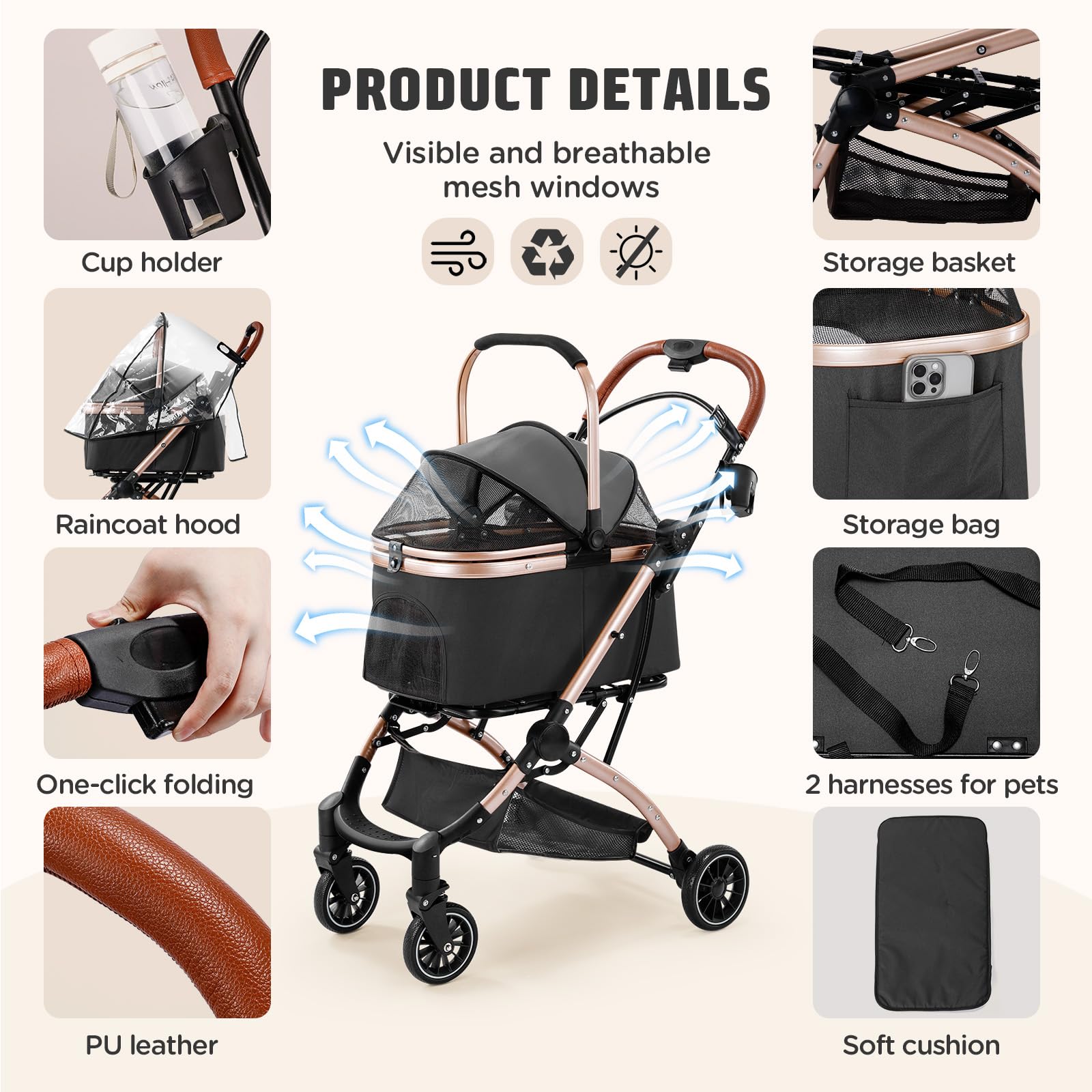 Gimars Mejora 4 en 1 Soporta 20kg Carrito Plegable para Perros Gatos Mediano Pequeño, Cochecito Perro con Portabebés Desmontable Ruedas Delantera Goma 360° Lluvia Funda Almacenamiento Cesta Negro