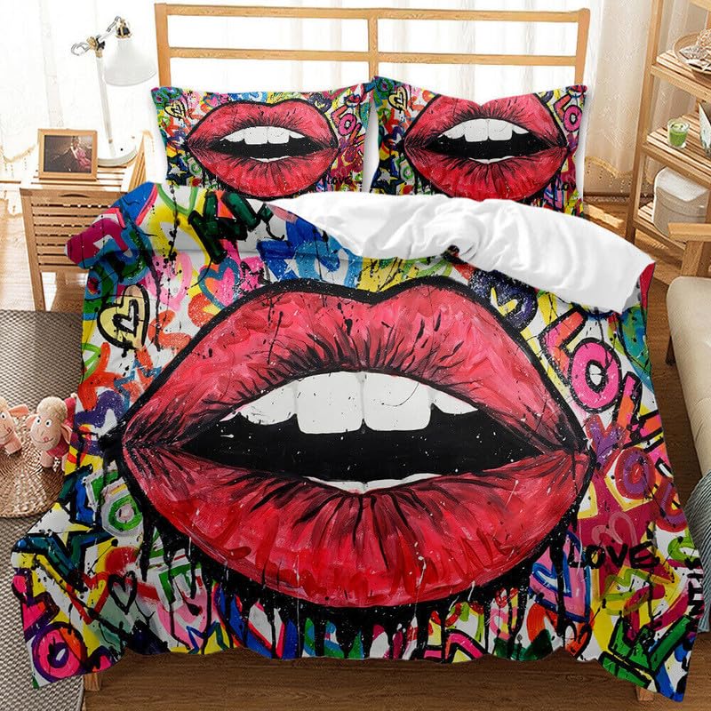 Funda nórdica cama 90 de labios coloridas de microfibra suave de 155x220 cm con almohada