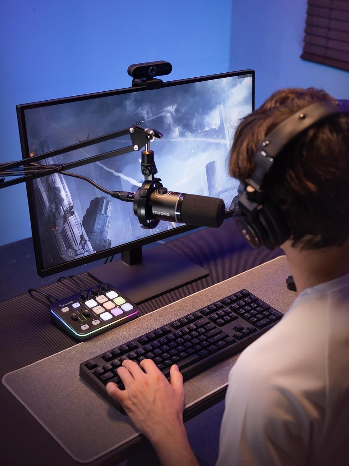 MAONO Kit Streaming Gaming: Interface Audio Mixeur et Microphone Dynamique XLR avec RGB et Réduction de Bruit – MaonoCaster PD200XS & G1 NEO