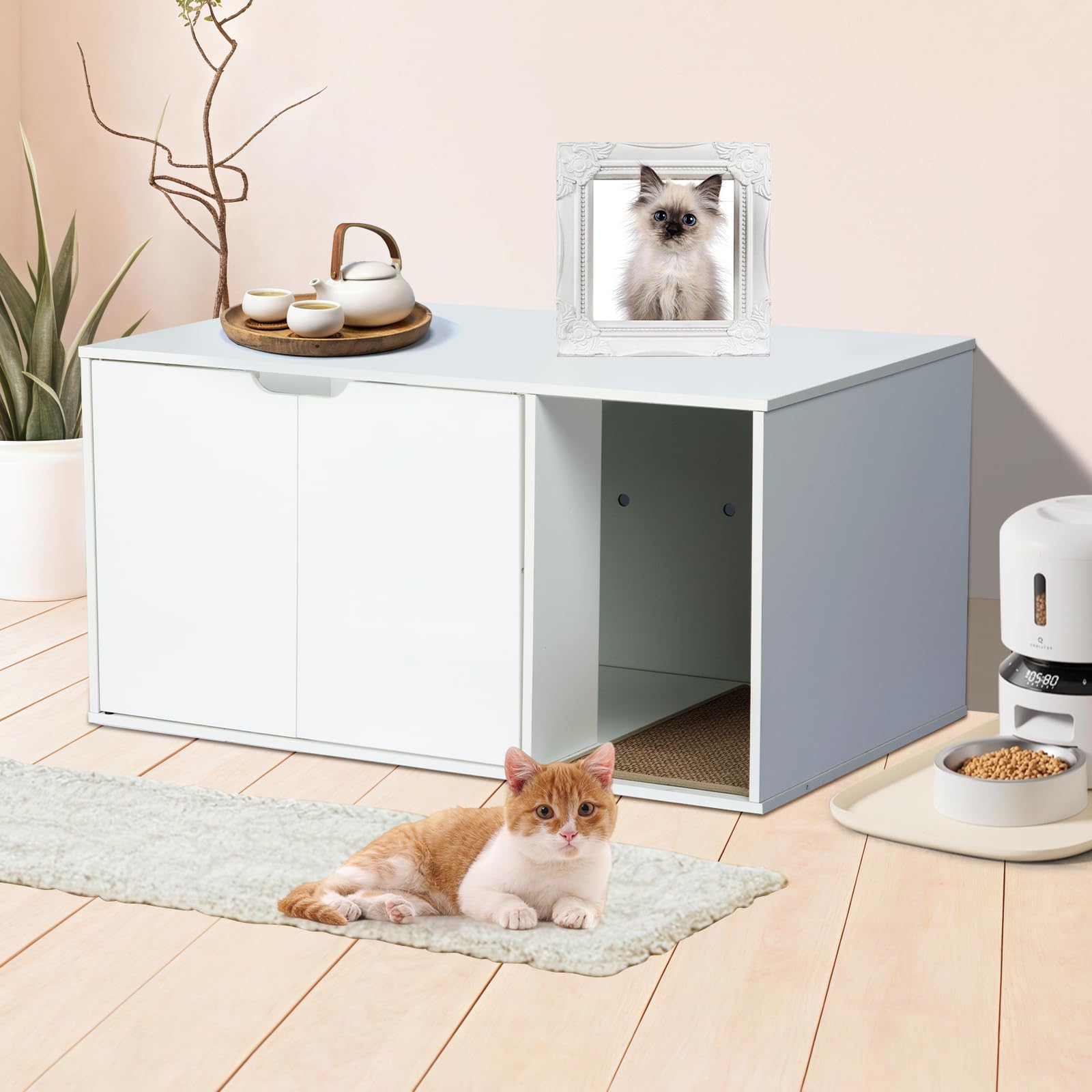 White Cat Litter Box Cabinet - Hidden Litter Box Enclosure with Odor-Proof Ventilation, Multi-Functional Side Table for Living Room, Modern Furniture for Small Spaces - image 4