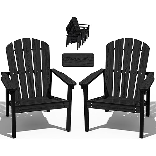 nevilywood Compact Stackable Adirondack Chairs Set of 2, 26.3" Wide HDPE Outdoor Patio Chairs - Durable, Space-Saving Design for Porch, Lawn or Garden, Black