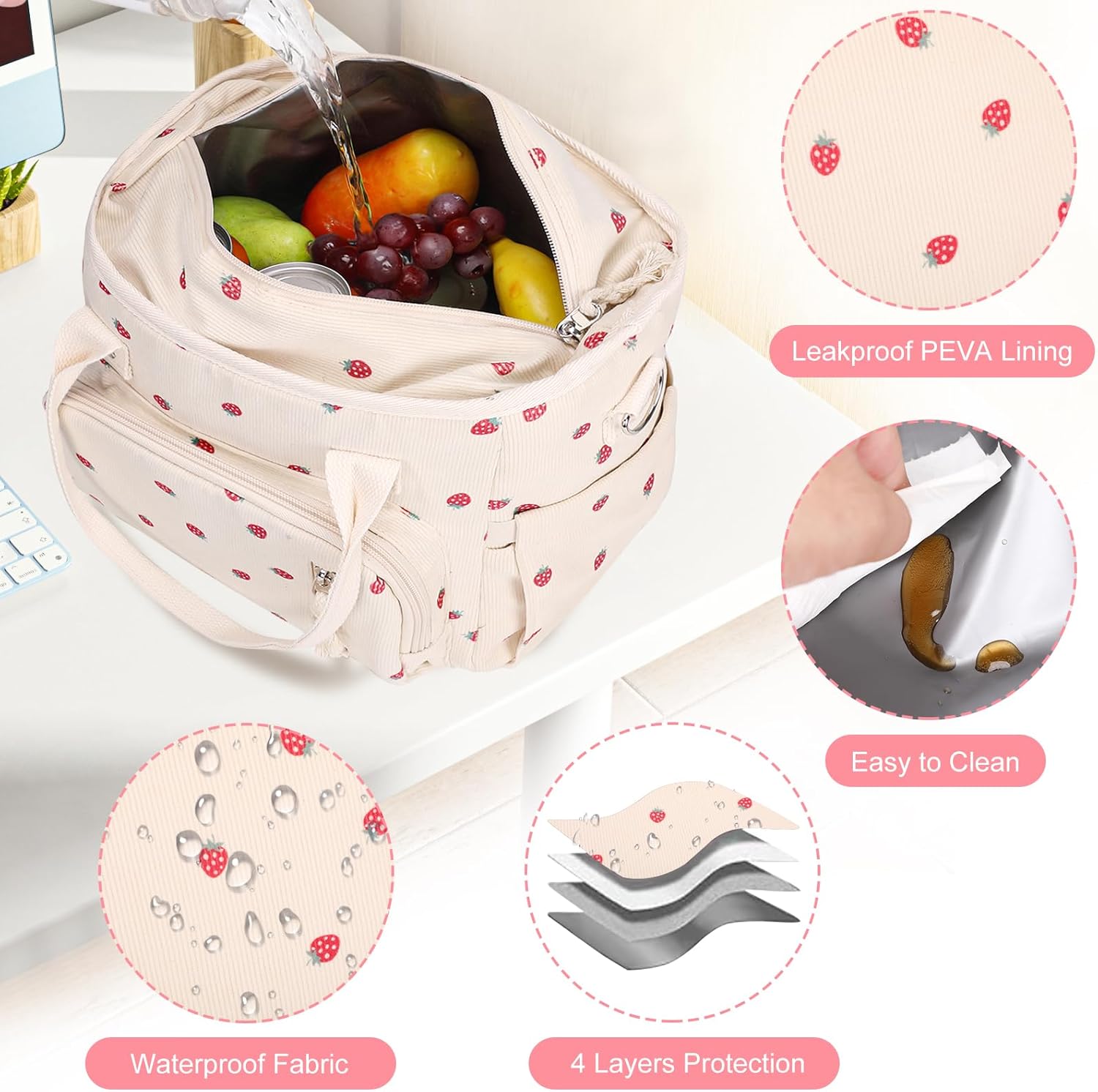 Lunch Bag for Women Men - Corduroy Lunch Tote Bag Reusable Insulated Lunch Box Adult Leakproof Portable Large Cooler Tote Bags for Work Picnic or Travel (Beige Strawberry) - Image 4