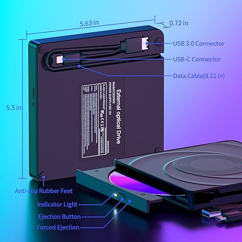 Miniatura 6 de Unidad externa de CD/DVD para laptop, USB 3.0 y grabadora de CD tipo C, reproductor de DVD, CD portátil +/-RW, Plug and Play, compatible con Windows