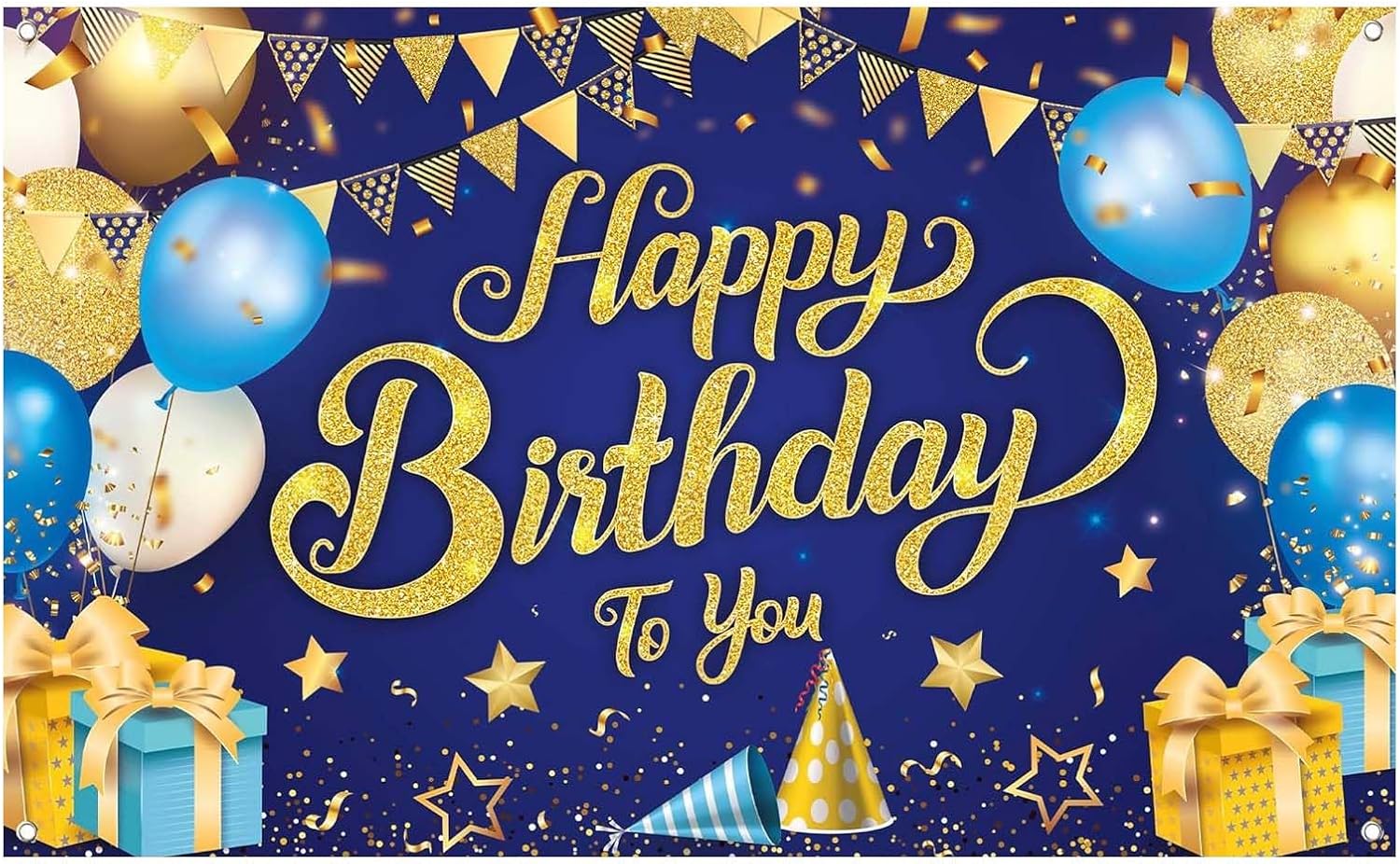 Happy Birthday Banner, Blue Gold Happy Birthday Backdrop, Party Decoration Poster Background, Birthday Banner Supplies for Birthday Party, 110 x 185 cm