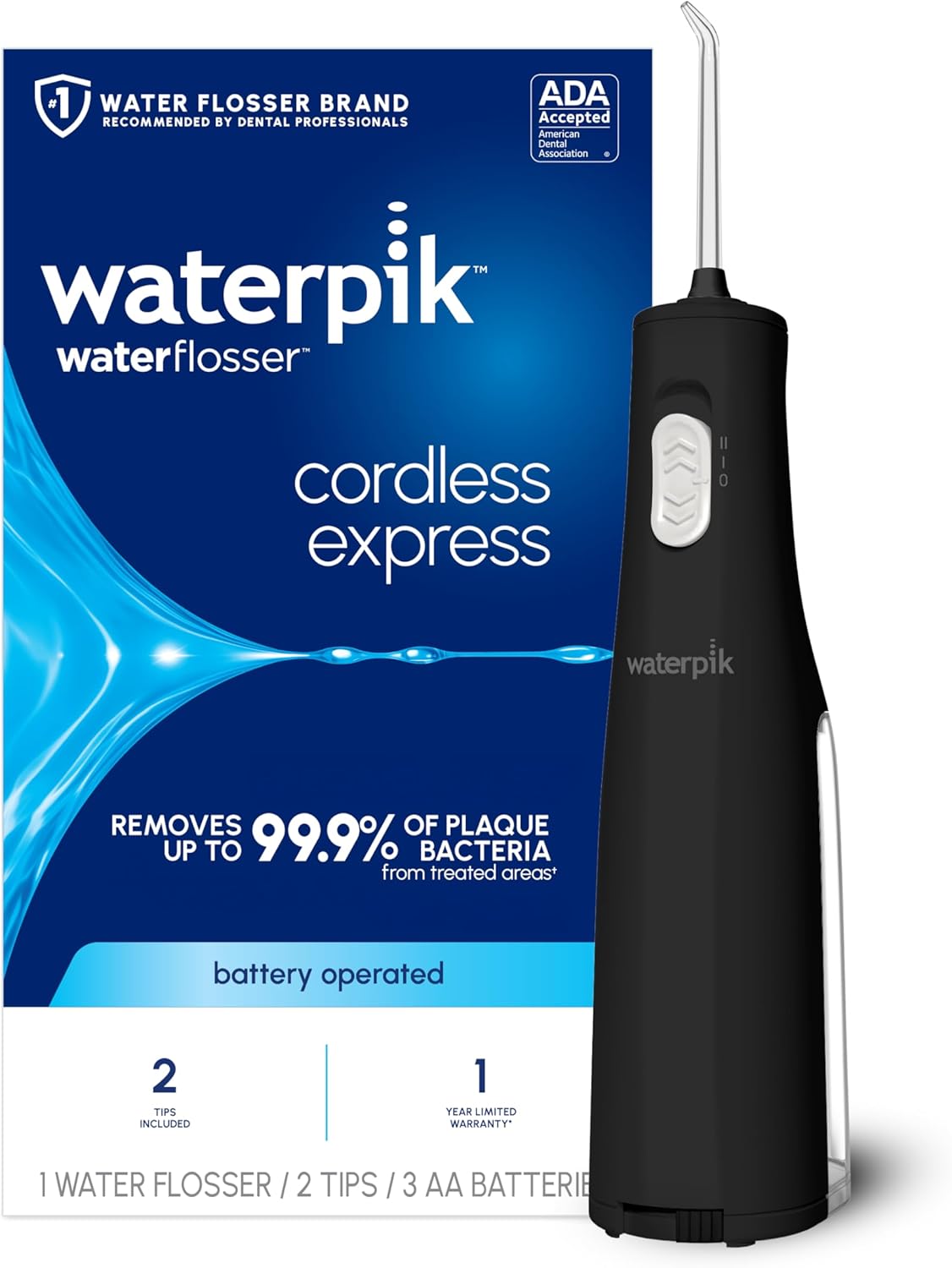 Waterpik Cordless Express Water Flosser, Battery Operated & Portable for Travel & Home, ADA Accepted, Waterproof for Shower Use, Black WF-02, Packaging May Vary