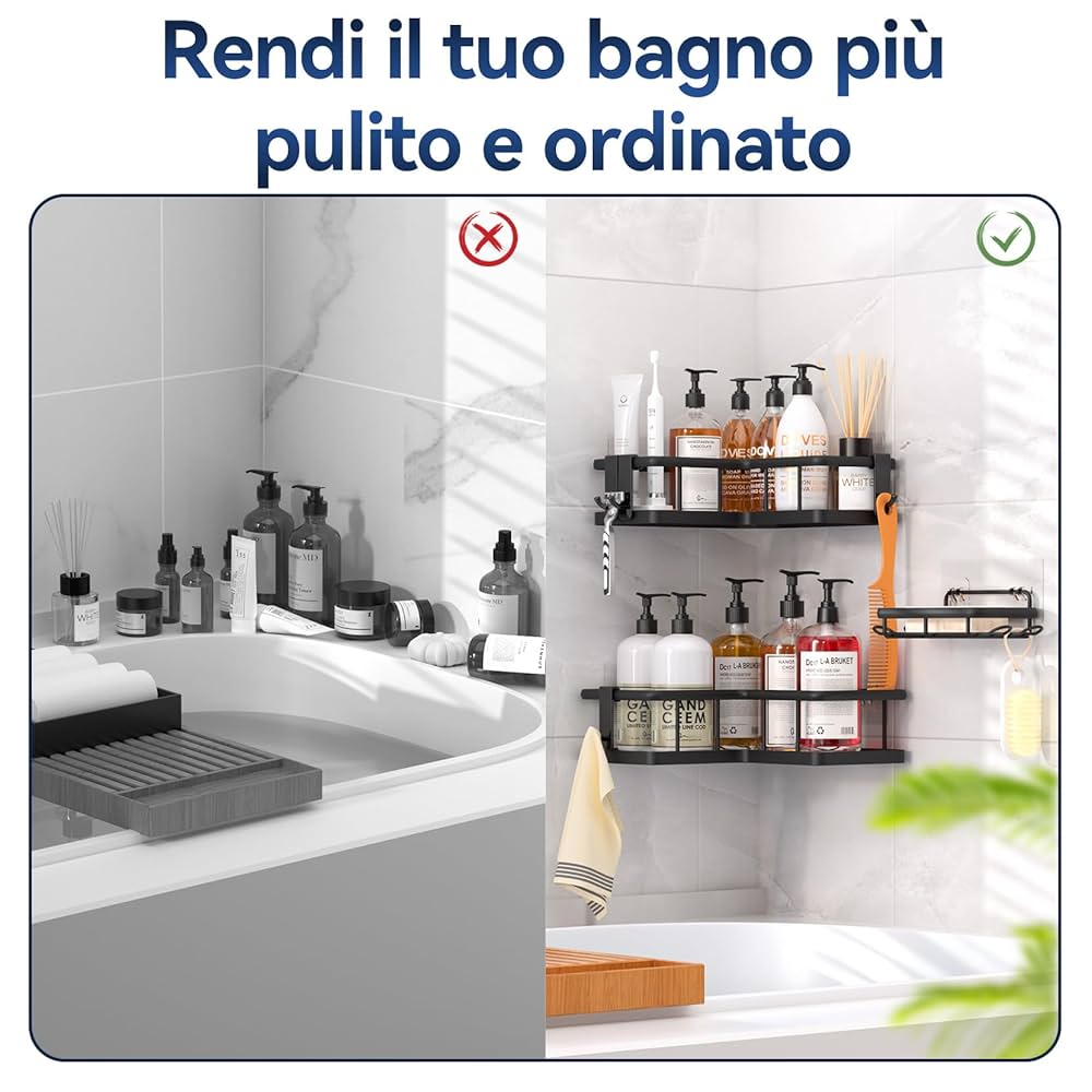 Mensola Doccia Angolare Senza Foratura - 3 Pezzi Con Ganci Per Bagno, Nero Antiruggine