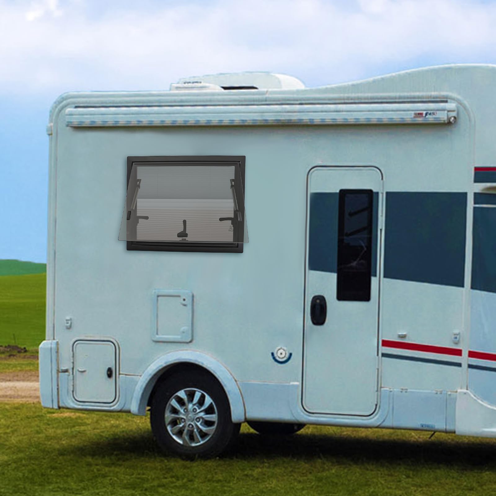 Ventana De Exhibición Para Caravana 600x400 Mm – Marco De Aluminio, Cristal Templado Negro, Apertura 65°, Con Cerradura