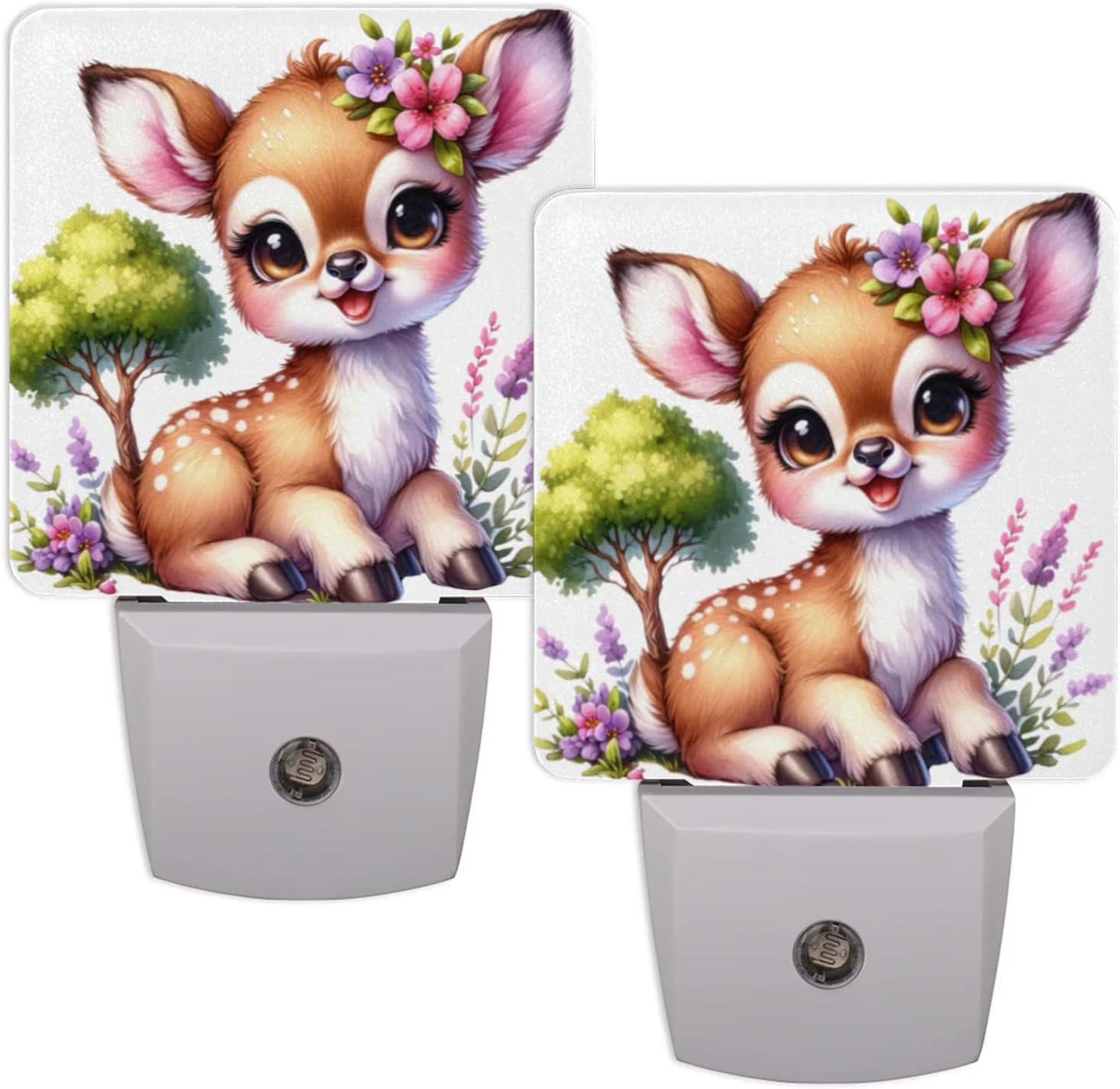 Pardick Animal Deer Flower Tree Plug in Night Light Set of 2 LED Nightlights Auto Dusk to Dawn Sensor Nightlight Lamp for Kids Boy Girls Room Bedroom Bathroom Kitchen Hallway Nursery Stairs Decor