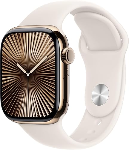 Apple Watch Series 10 (GPS + Cellular 42mm) Smartwatch with Gold Titanium Case with Starlight Sport Band (S/M). Fitness Tracker, ECG App, Always-On Retina Display, Water Resistant