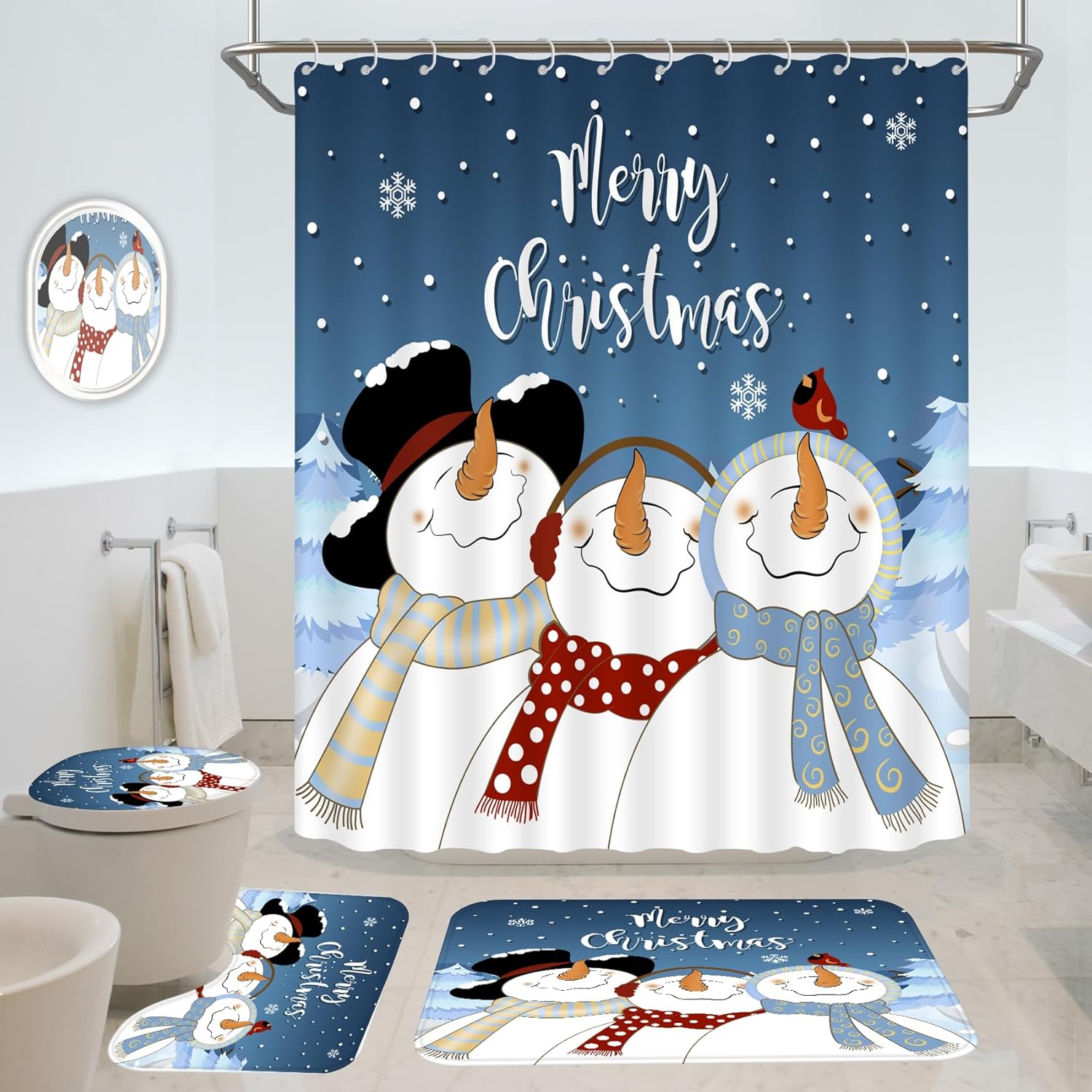 Christmas Shower Curtain Set, Winter Snowman Merry