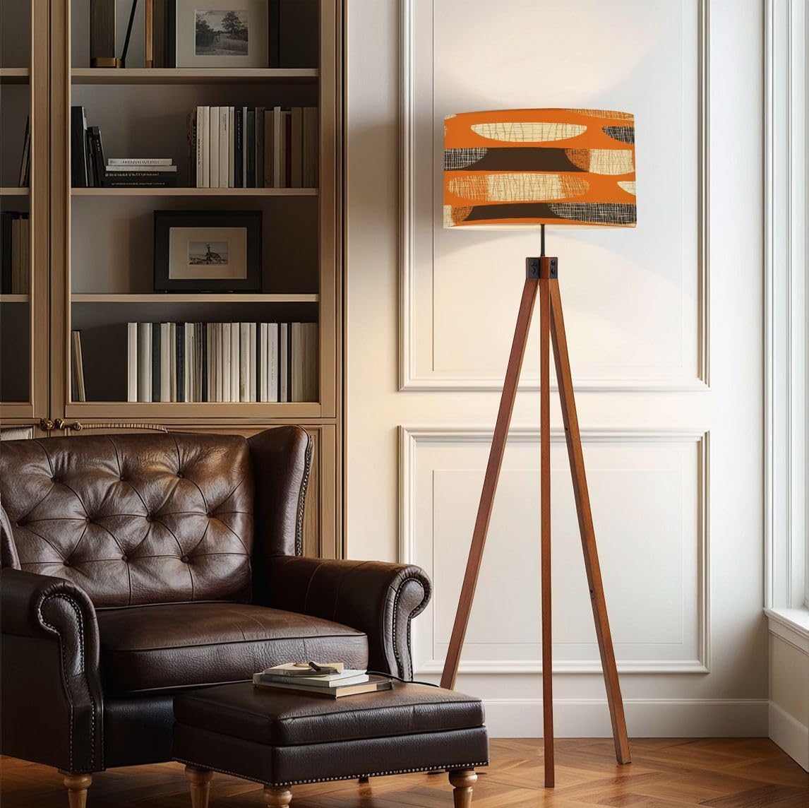 Wood Tripod Floor Lamp Geometric mid century style orange textured rapport age 50s simple Mid Century Standing Lamp Linen Shade Dimmable Modern Tall lamp Home Decor for Living Room Bedroom Office