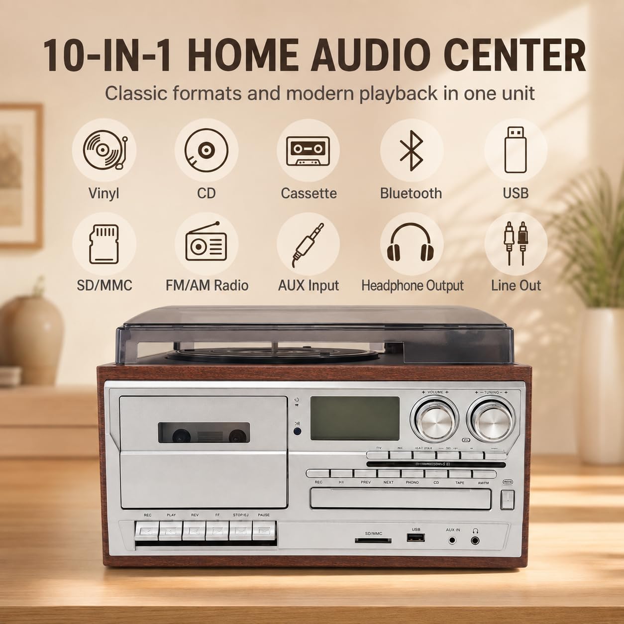 Gramofon 10 w 1 Bluetooth, odtwarzacz CD, kaseta, radio
