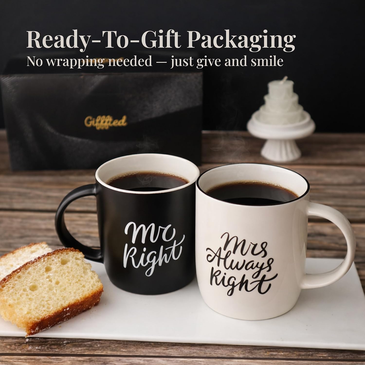 Triple Gifffted Mr Right Mrs Always Right Coffee Mugs Gifts Ideas for Couples, Wedding Anniversary, Engagement, Christmas, His & Hers, Bride and Groom, Parents, Newlyweds Bridal Shower, Ceramic 380ml