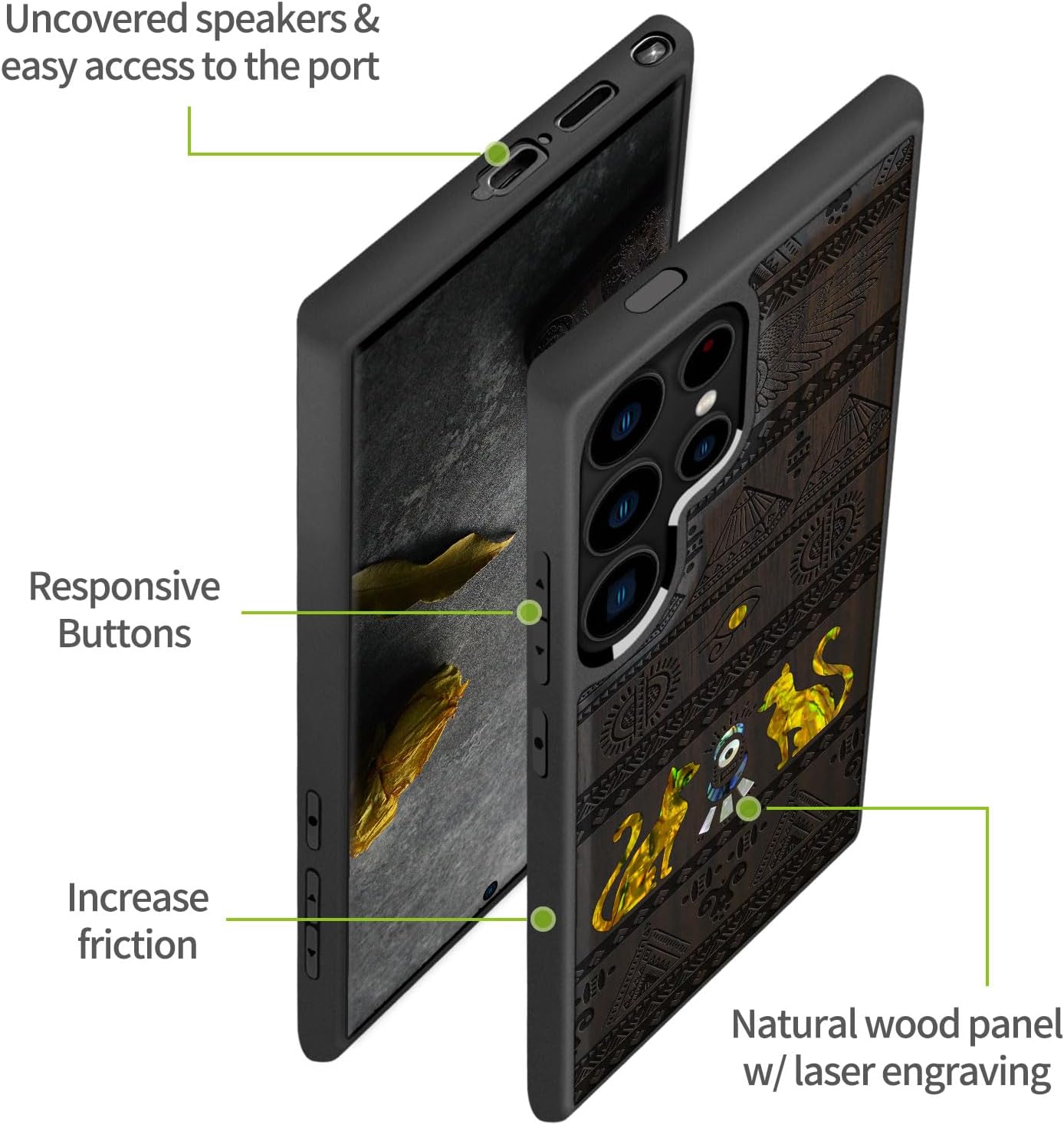 Carveit Designer Wooden Case for Samsung Galaxy S24 Ultra Case [Wood Engraving & Shell Inlay] Compatible with Wireless Chargers S24 Ultra Cover (The Symbols of Egypt-Blackwood)