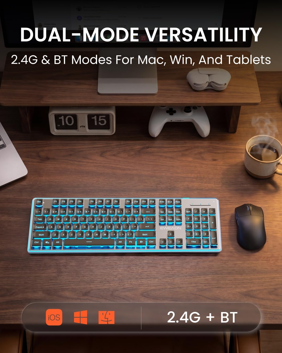 Wireless Keyboard and Mouse Combo with Blue Backlit Pudding Keycaps-Black image 3