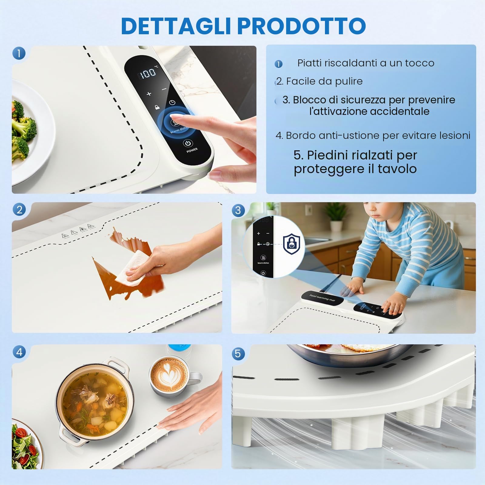 Warming board 10S - Tappetino riscaldante per alimenti e piastra termica, grande tappetino elettrico con 7 tempi e 8 impostazioni timer, in silicone flessibile, colore bianco