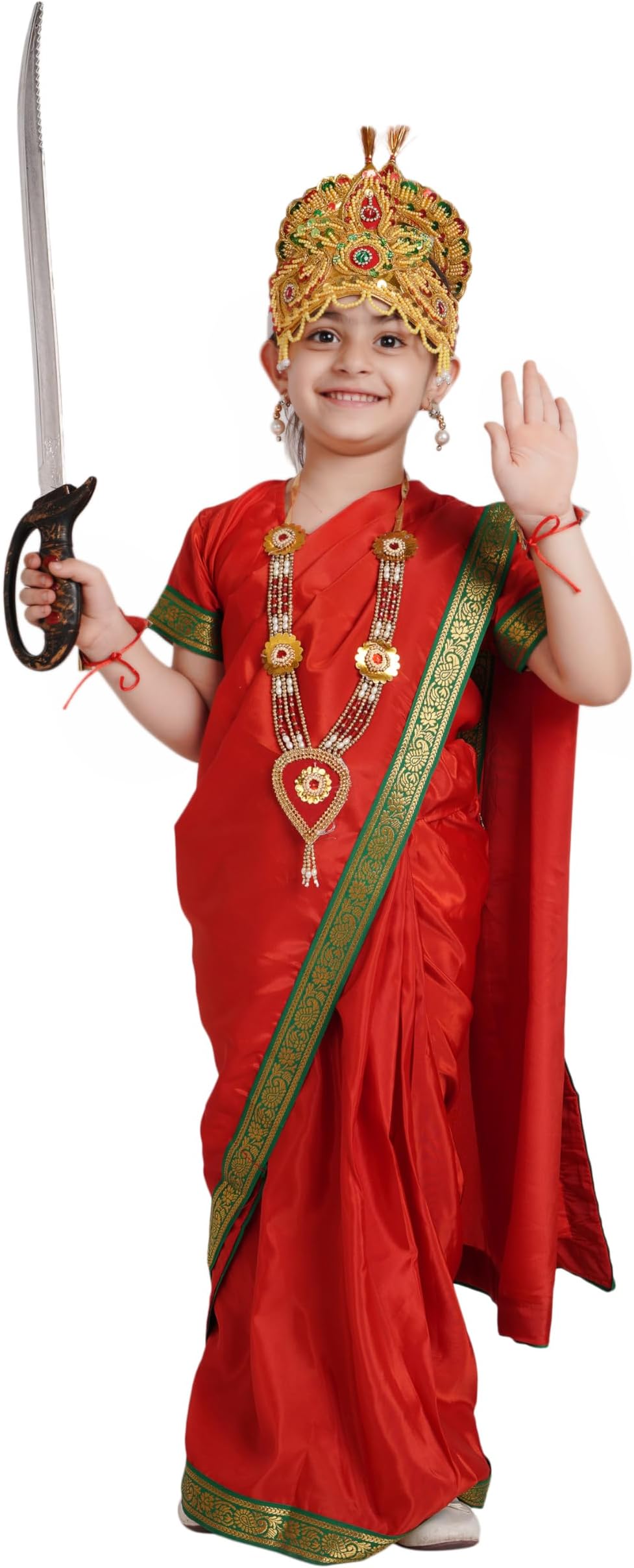 Kaku Fancy Dresses Silk & Polyester Devi Durga Red Saree For Girls | Ready To Wear Saree | Mythological Godess Costume With Accessories - 5-6 Years