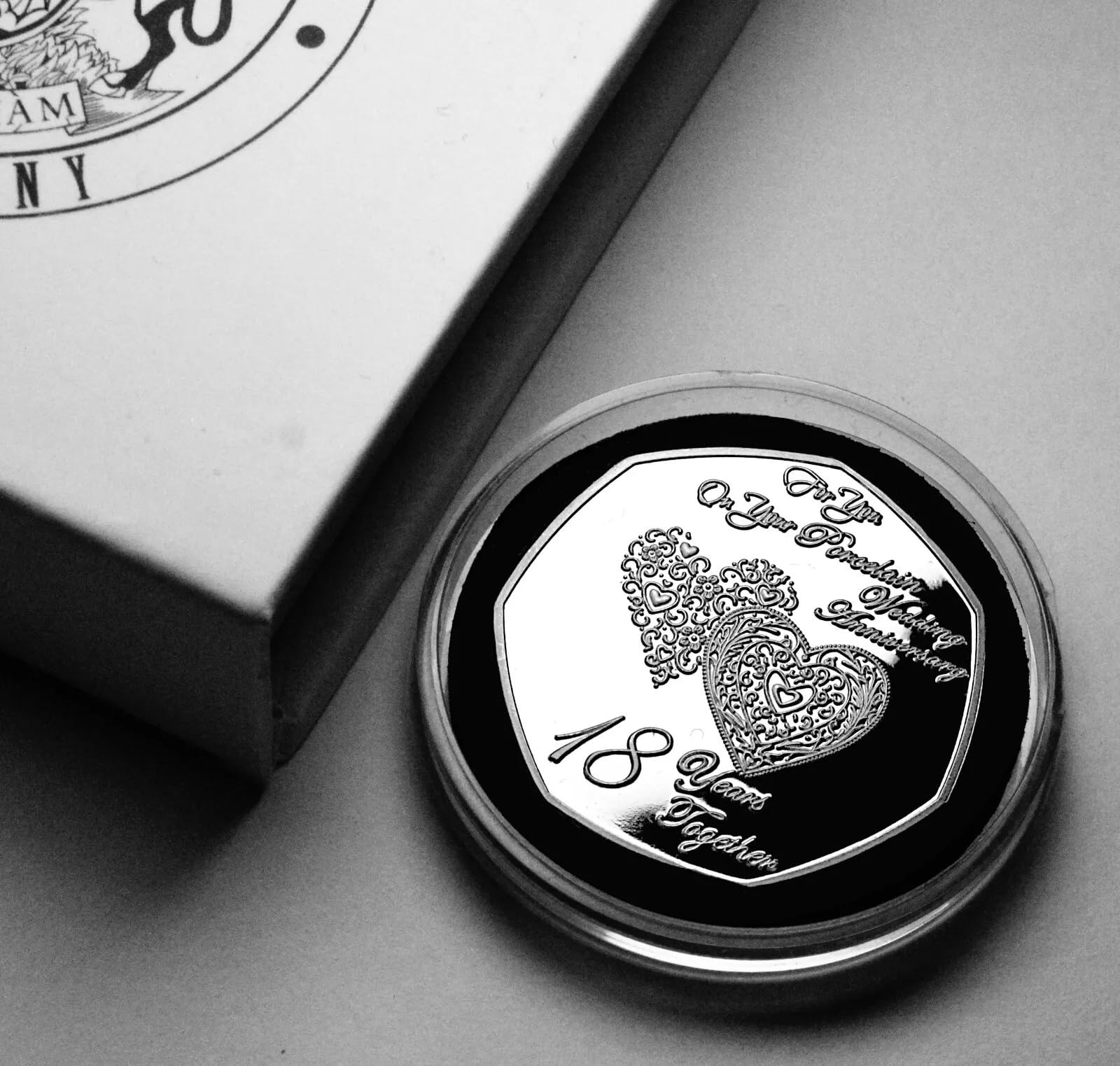 The Commemorative Coin Company ON YOUR 18th PORCELAIN WEDDING ANNIVERSARY Silver Commemorative in Gift Box. Husband/Wife/Partner 18 Years Together Gift/Present Love/Token