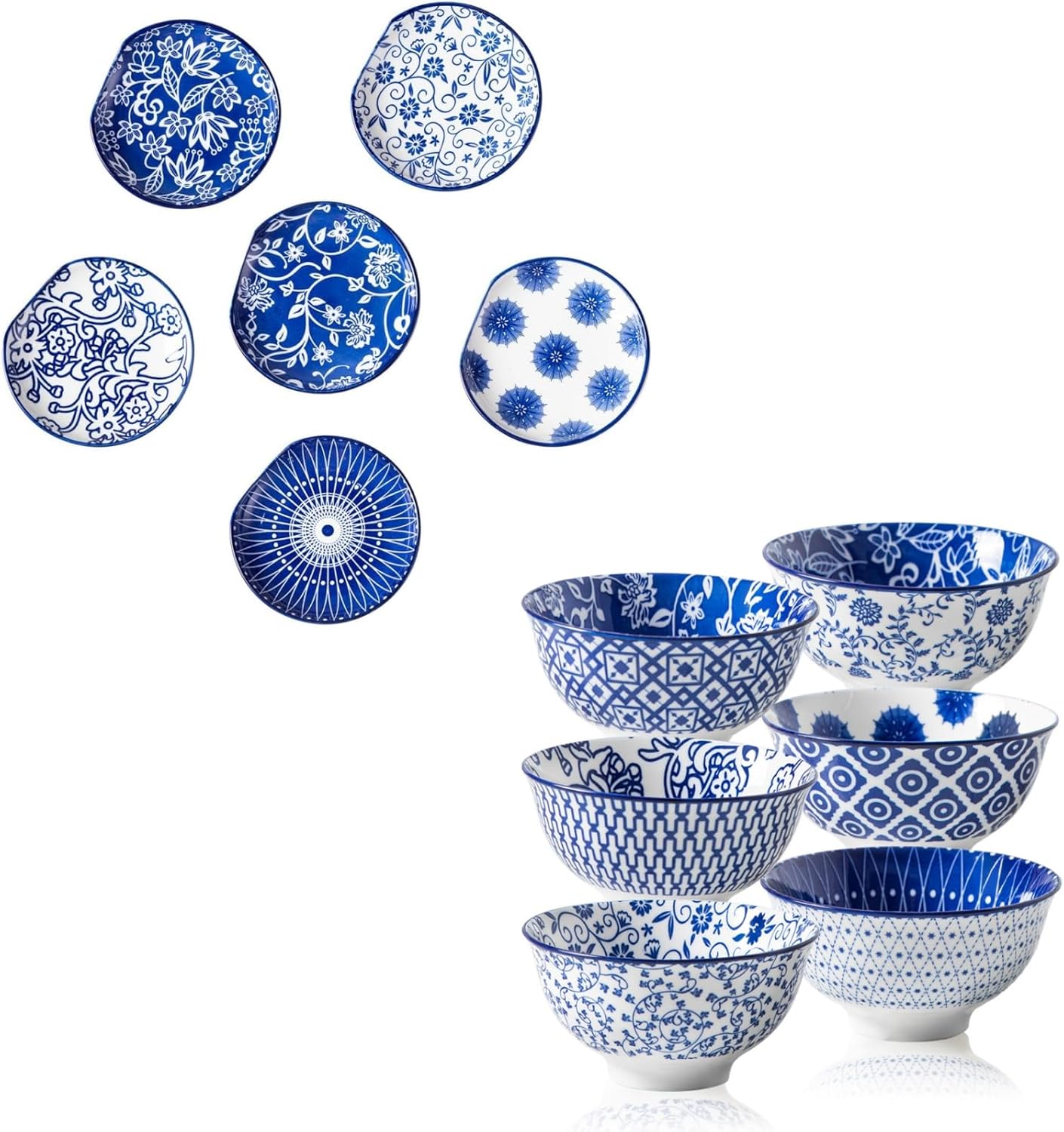 12 Pcs Cerkik Ceramic Dinnerware - 4.7 Inch Spoon Rest and 12 OZ Dessert Bowls - Service for 6 - Vintage Blue