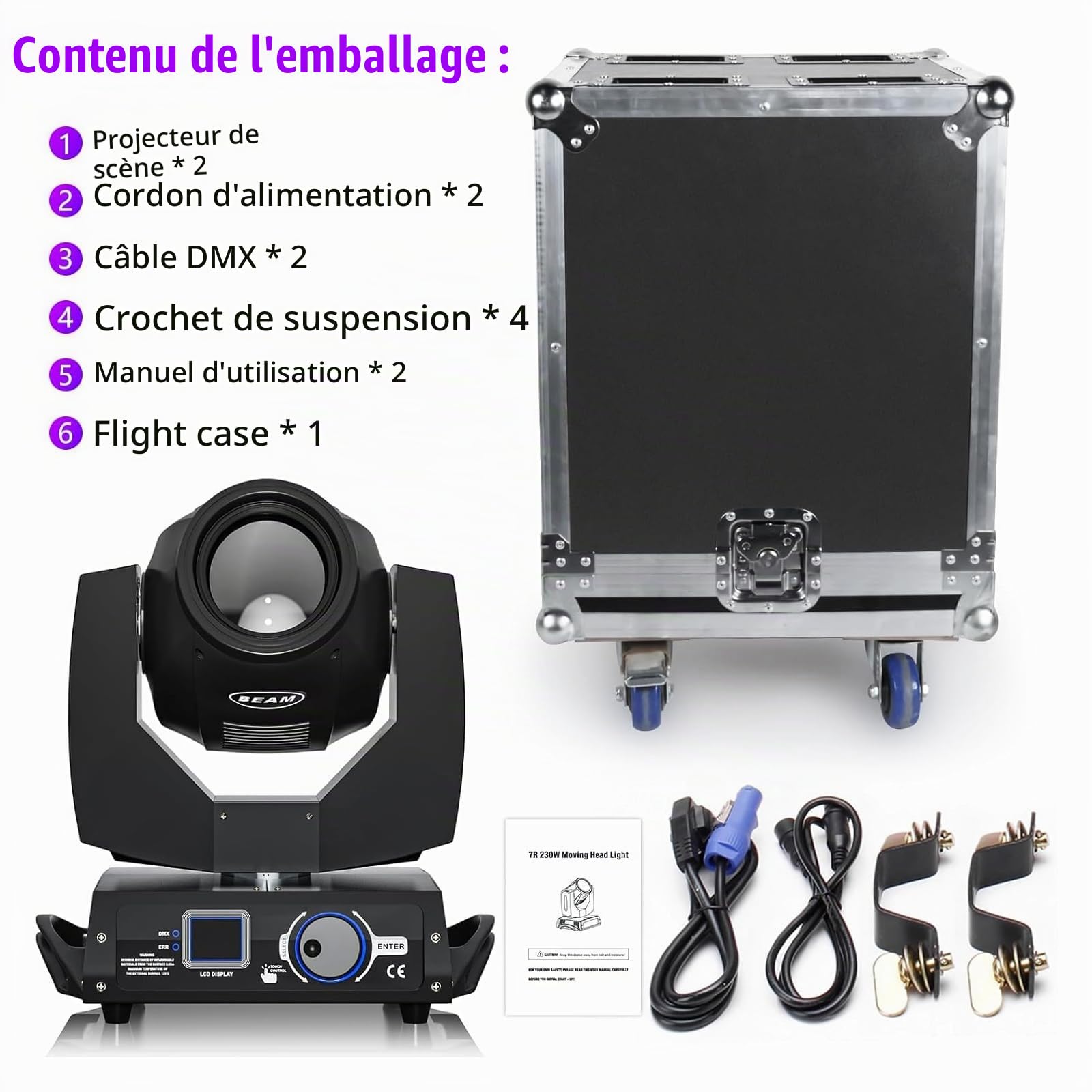 2PCS 230W 7R Beam Lyre LED avec flight case Lumières de scène 17 Gobos 14 Couleur 24 Prisme RGBW Moving Head Jeux de lumiere pour Disco Club Bar Mariage Noël
