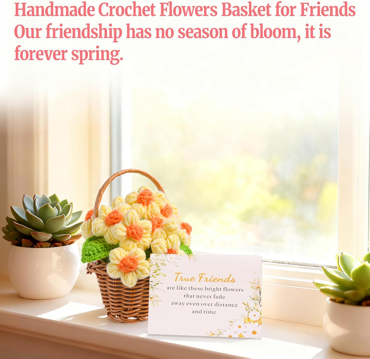 Easter Basket Stuffers Best Friend Birthday Crochet Flowers for Women Friends Long Distance Moving Away Leaving Farewell Gift Handmade Flower Decor with Basket Bestie Sister Coworker Friendship - Image 3