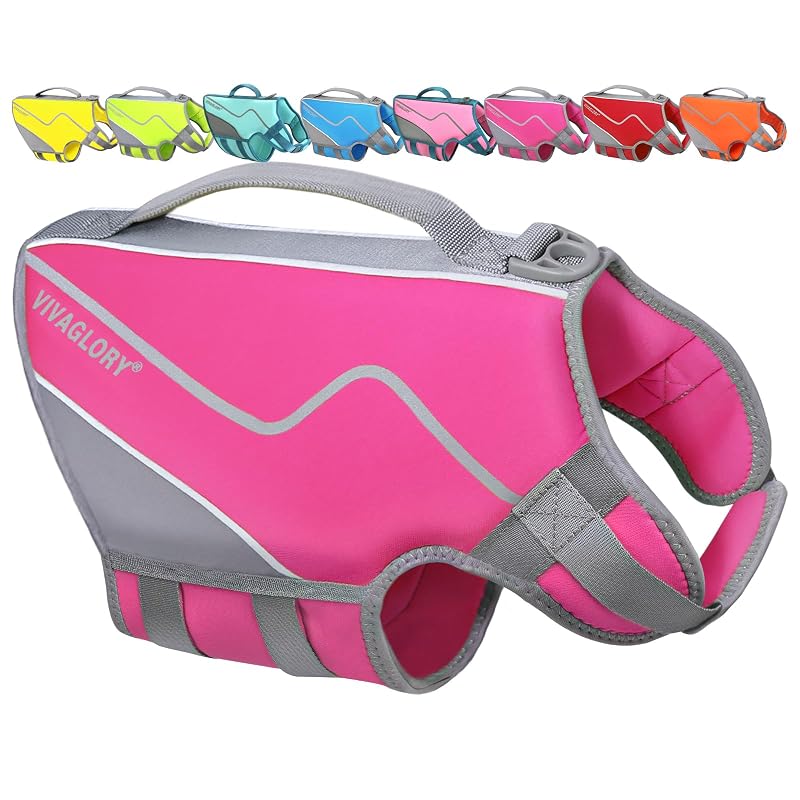 Colete salva-vidas para cães VIVAGLORY em neoprene, ajustável e refletivo, tamanho S Pink (50,8–55,88 cm)