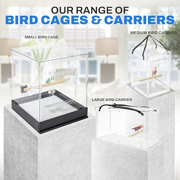 PENNZONI Medium Bird Carrier Display Case, Crystal Clear Acrylic Bird Travel Cage with Feeder Bowls