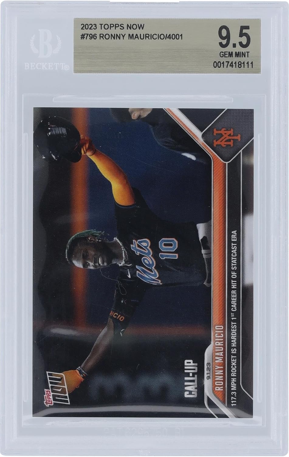 Ronny Mauricio New York Mets 2023 Topps Now Call-Up Hit #796 BGS Authenticated 9.5 Card - Baseball Slabbed Rookie Cards