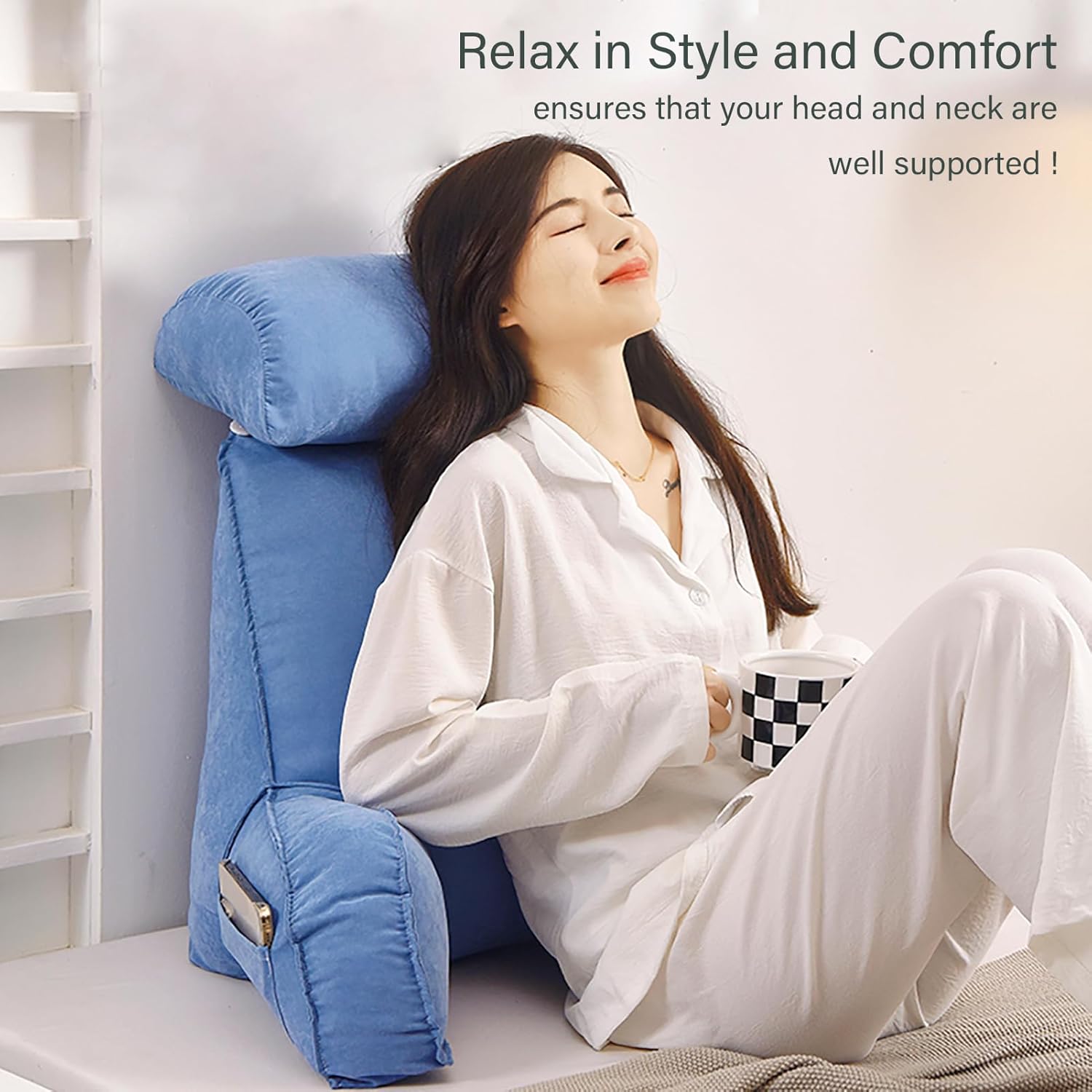 Bed Rest Reading Pillow with Armrest - Lumbar Support Cushion with Washable Cover and Pouch - Sofa and Bedside Cushion Sofa Cushion - Adult Backrest Cushion for Playing Games 75cm X 40cm X 65cm