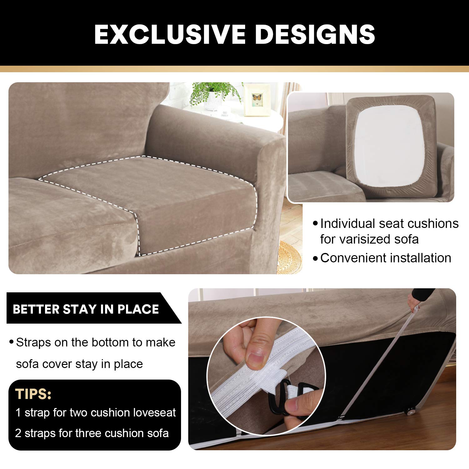 4 Pieces Sofa Covers Stretch Velvet Couch Covers for 3 Cushion Sofa Slipcovers Thick Soft Sofa Covers with 2 Non Slip Straps Furniture Covers with 3 Individual Seat Cushion Covers (Large, Taupe)