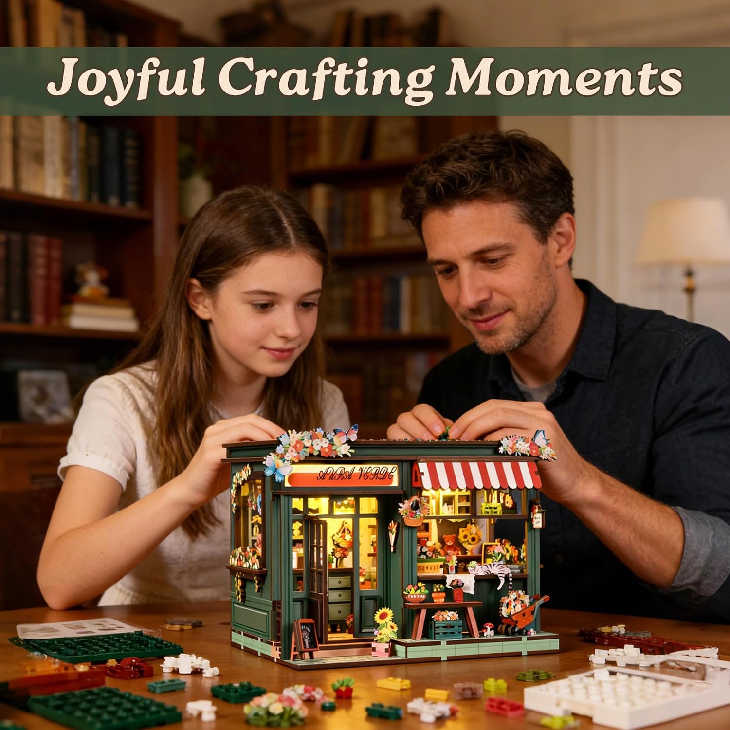 obzergem DIY Book Nook Kit, Wooden Bookend and 3D Puzzle with LED Light, Craft Kit for Adults, Library Shelf Decoration(Aura Verde Flower Room)