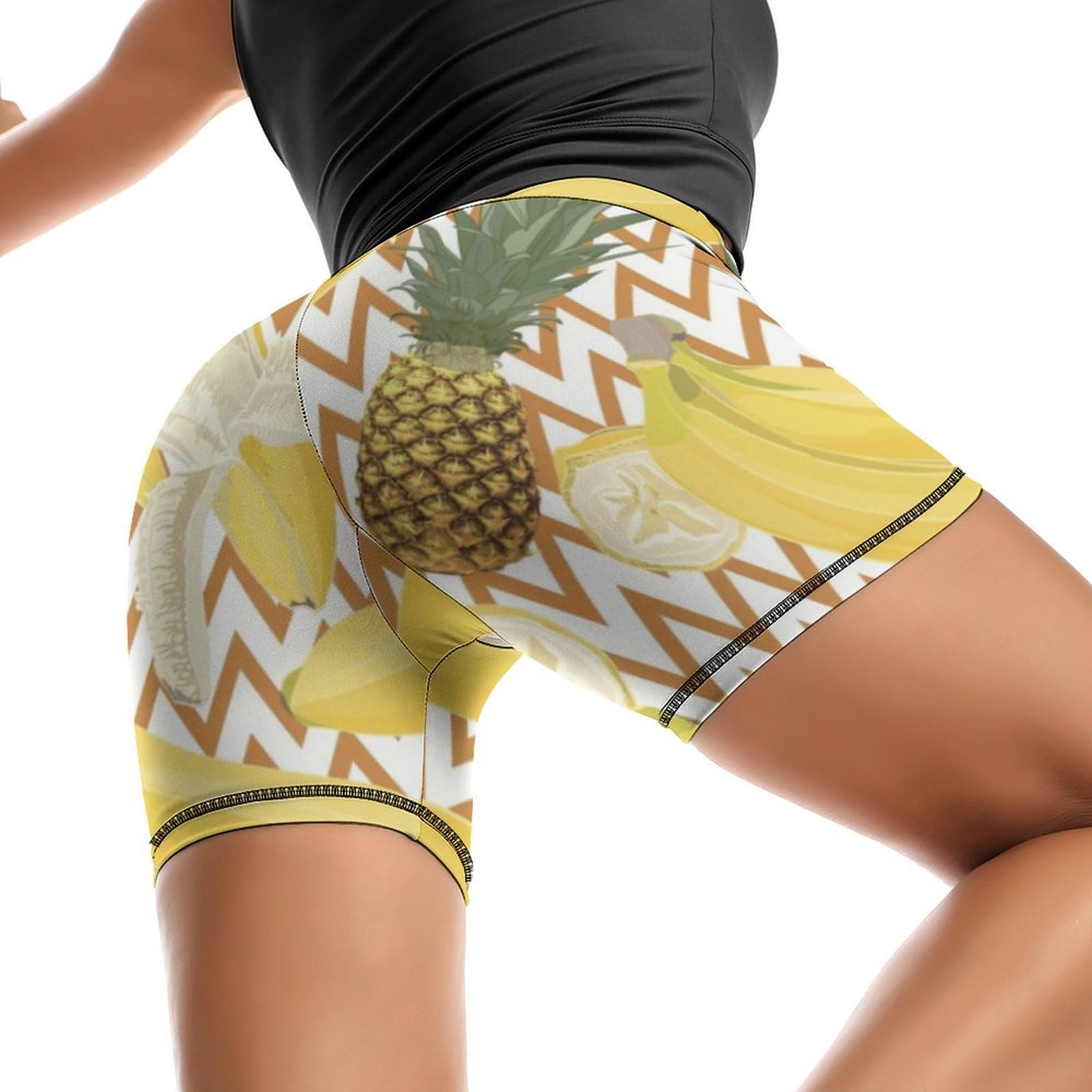 JYYAU Tropical Banana Pineapple Pattern High Waist Yoga Shorts for Women Athletic Shorts Leggings Running Pants Black