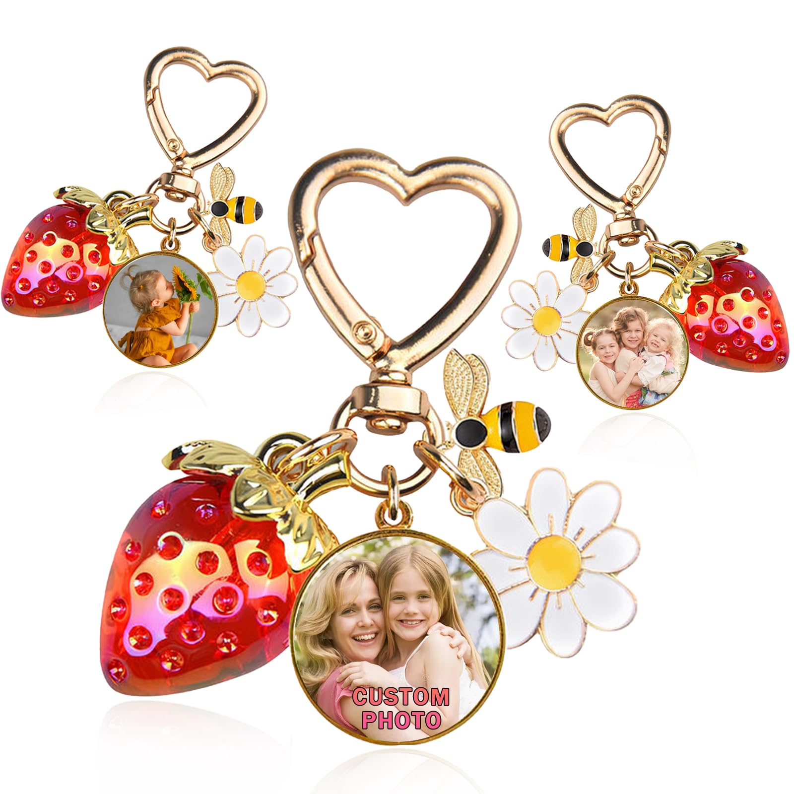 QSZ Personalized Cute Strawberry Bag Charm Custom Wallet Charms with Photo Bee Daisy Keyring Heart Shaped Pendant Gift for Women Girls (round)