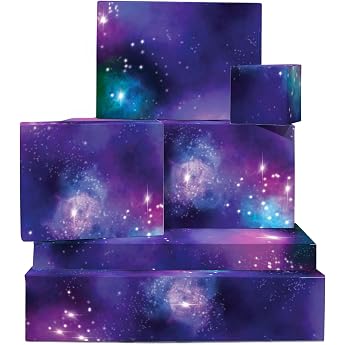 Central 23 Space Wrapping Paper - 6 Sheets Blue Purple Galaxy - Funny Birthday Gift for Men Women Children Boys Girls - With Sticker