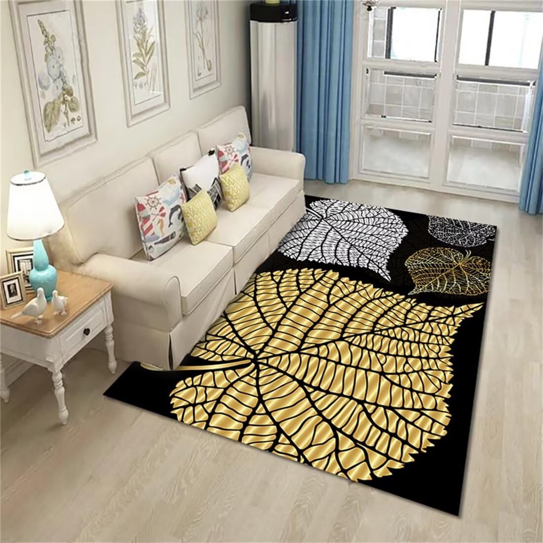 Decoration de table chaleureuse avec le tapis de sol noir jaune gris aux motifs feuilles