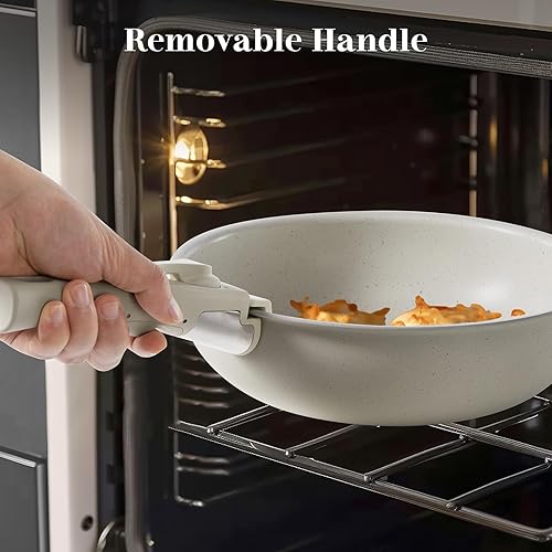 Vista 5 de Sweetcrispy Juego de 12 piezas de ollas y sartenes, juego de utensilios de cocina antiadherente de inducción con mango desmontable, apto para Beige